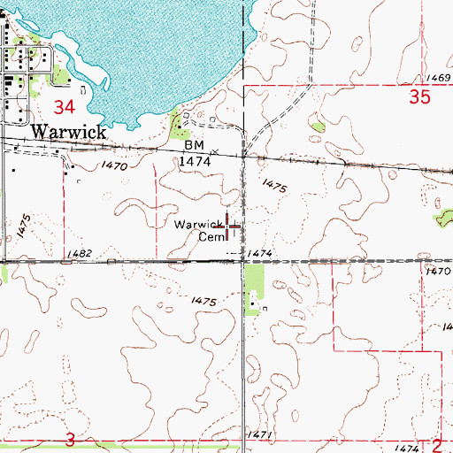 Topographic Map of Warwick Cemetery, ND