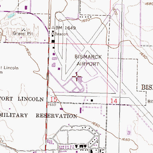 Topographic Map of Bismarck Municipal Airport, ND
