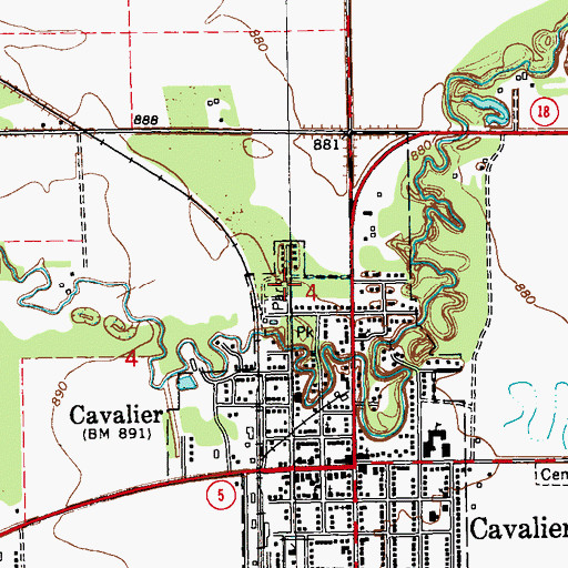 Topographic Map of Cavalier City Dam, ND