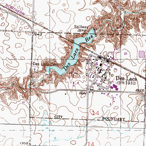Topographic Map of Des Lacs City Dam, ND
