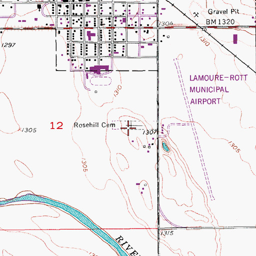 Topographic Map of Rosehill Cemetery, ND