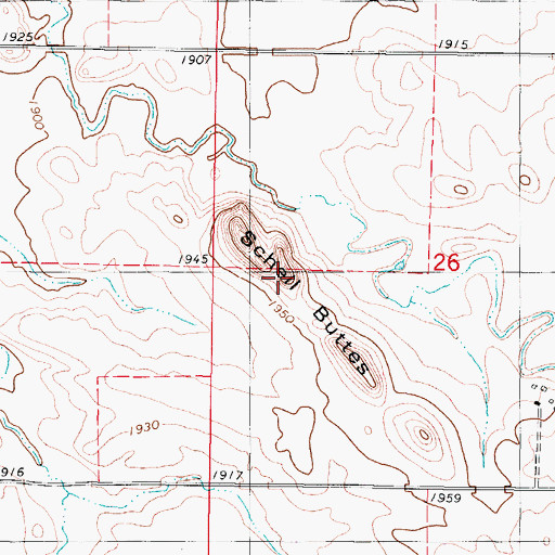 Topographic Map of Schell Buttes, ND