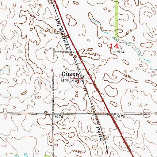 Topographic Map of Duane, ND