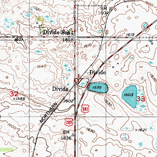Topographic Map of Divide, ND