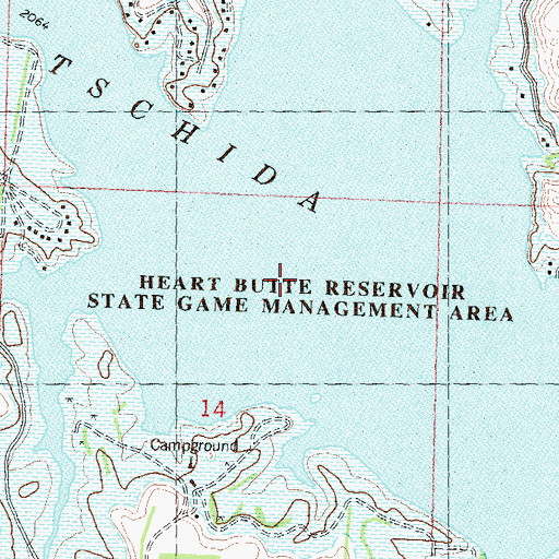 Topographic Map of Heart Butte Reservoir State Game Management Area, ND