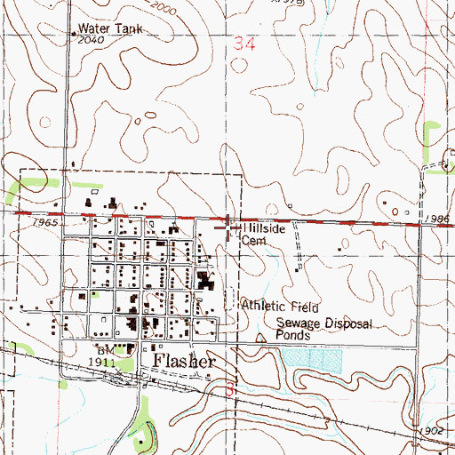 Topographic Map of Hillside Cemetery, ND