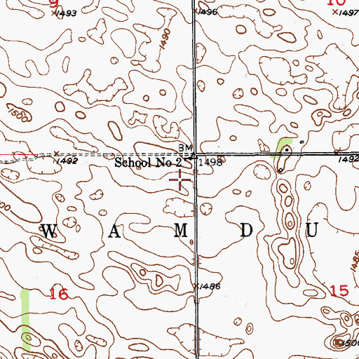 Topographic Map of Wamduska Town Hall, ND