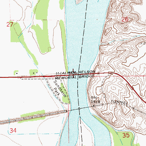 Topographic Map of Hjalmer Nelson Memorial Bridge, ND