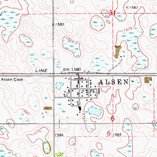Topographic Map of City of Alsen, ND