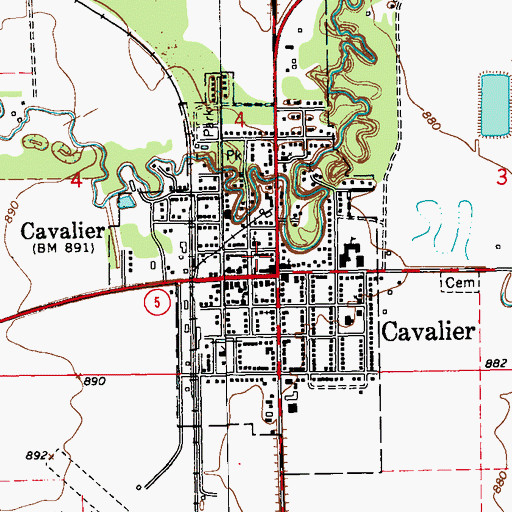 Topographic Map of City of Cavalier, ND