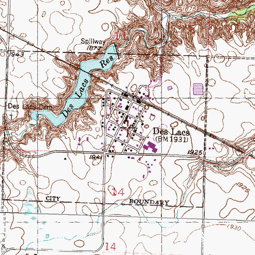 Topographic Map of City of Des Lacs, ND
