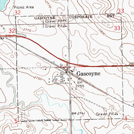 Topographic Map of City of Gascoyne, ND