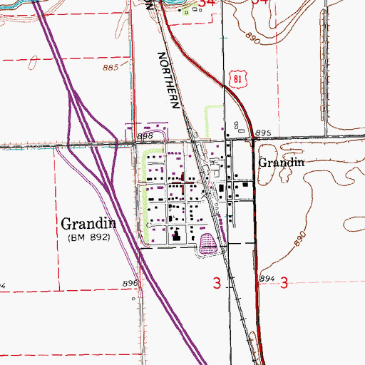 Topographic Map of City of Grandin, ND