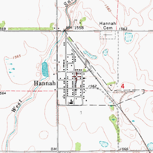 Topographic Map of City of Hannah, ND