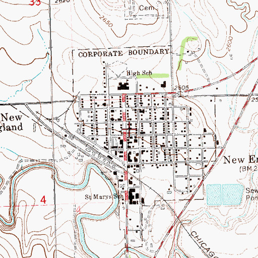 Topographic Map of City of New England, ND