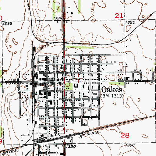 Topographic Map of City of Oakes, ND