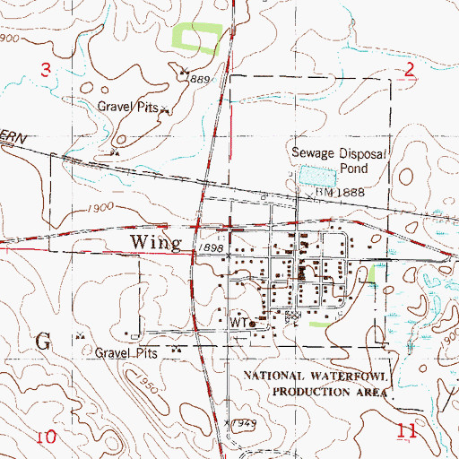 Topographic Map of City of Wing, ND