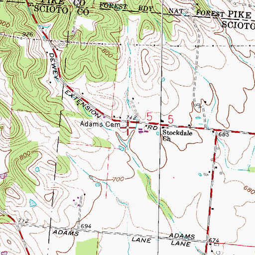 Topographic Map of Adams Cemetery, OH