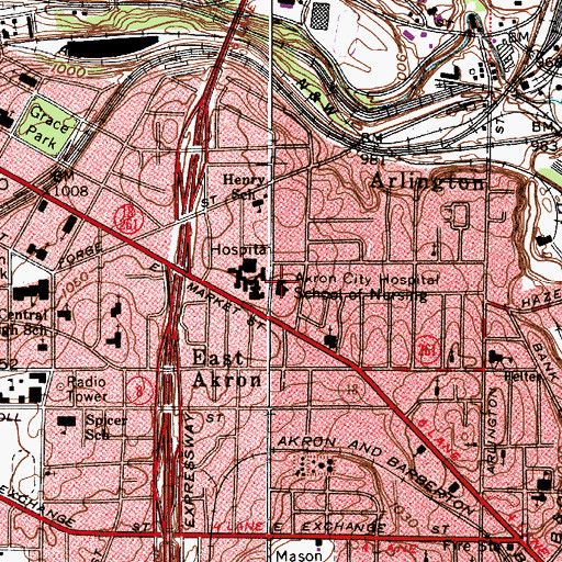 Topographic Map of Akron City School of Nursing, OH