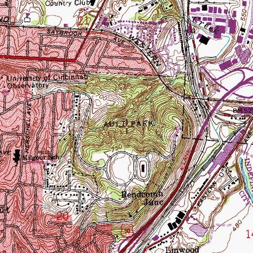 Topographic Map of Ault Park, OH