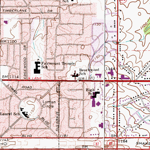 Topographic Map of Beachwood School, OH