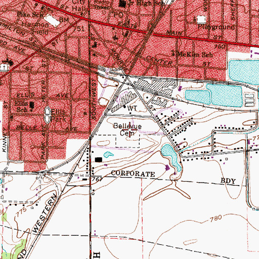Topographic Map of Bellevue Cemetery, OH