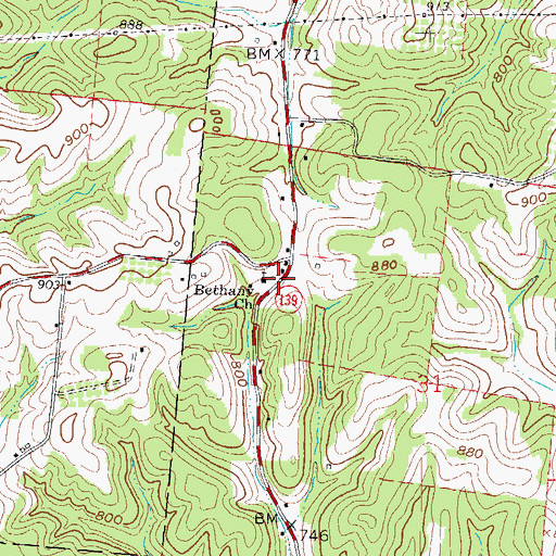 Topographic Map of Bethany Church, OH