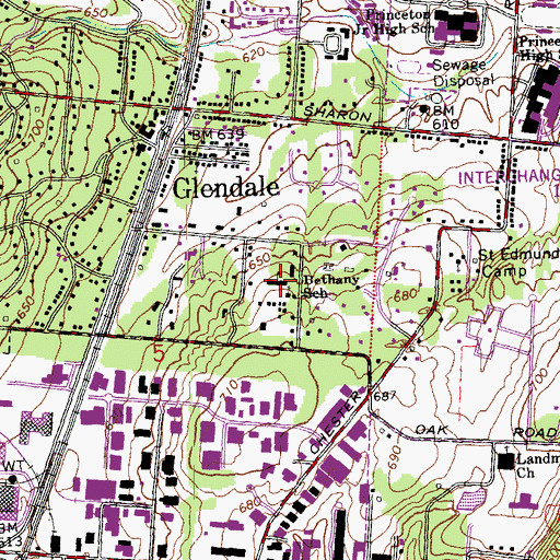 Topographic Map of Bethany School, OH