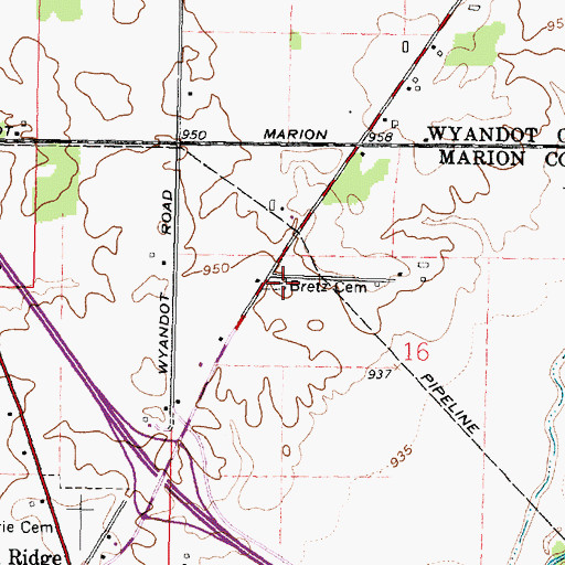 Topographic Map of Bretz Cemetery, OH