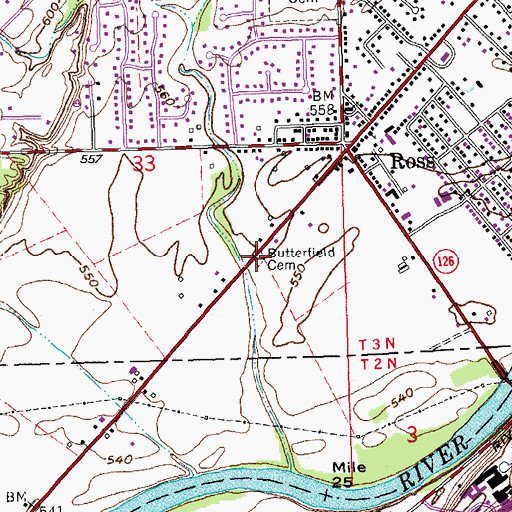 Topographic Map of Butterfield Cemetery, OH