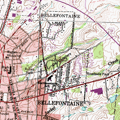 Topographic Map of Bellefontaine Cemetery, OH