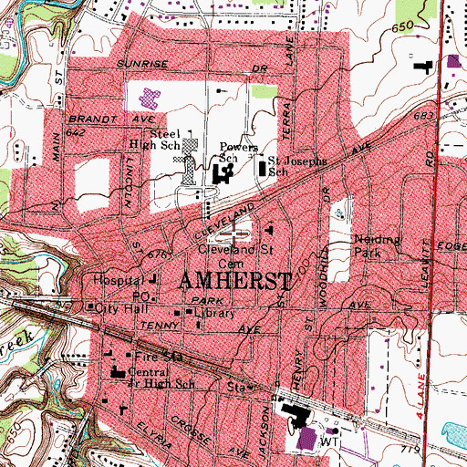 Topographic Map of Cleveland Street Cemetery, OH