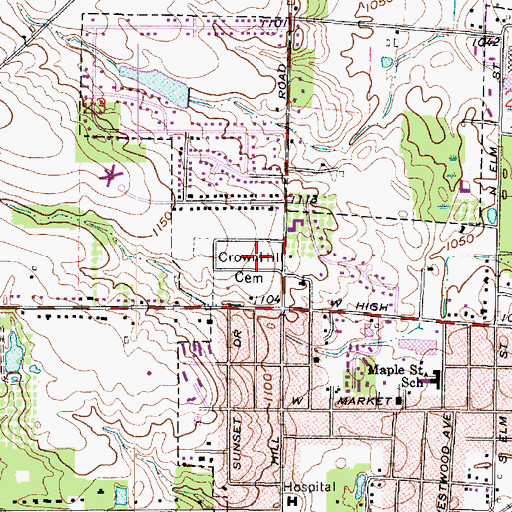 Topographic Map of Crown Hill Cemetery, OH