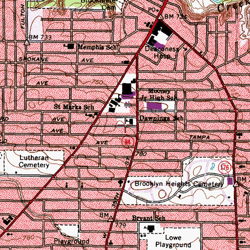 Topographic Map of Dawnings School, OH