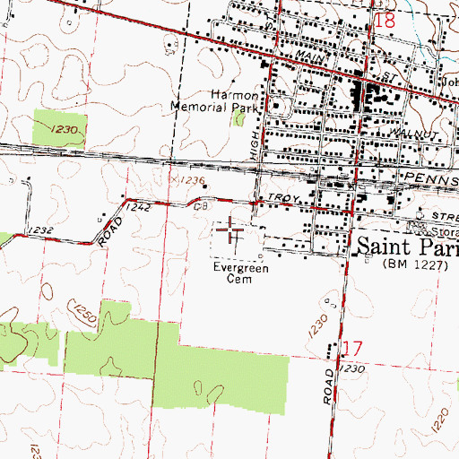 Topographic Map of Evergreen Cemetery, OH