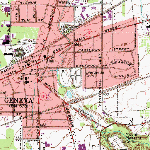 Topographic Map of Evergreen Cemetery, OH