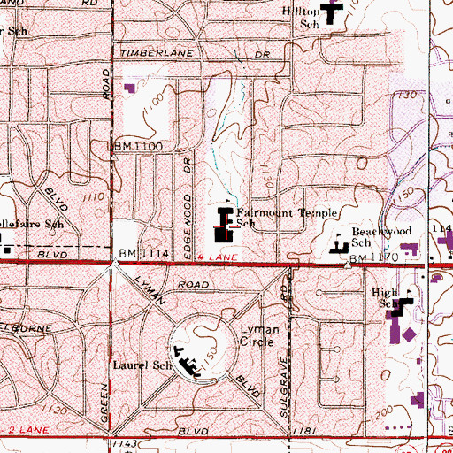 Topographic Map of Fairmount Temple School, OH