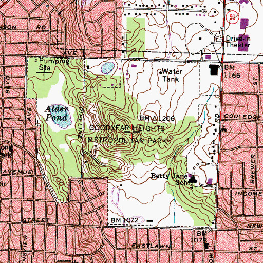 Topographic Map of Goodyear Heights Metropolitan Park, OH