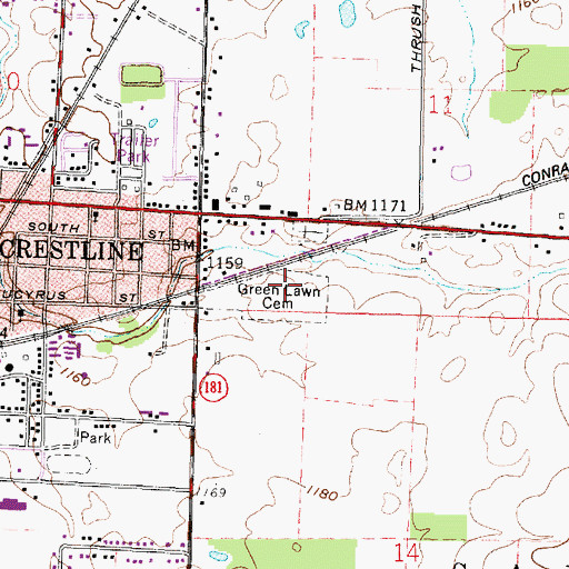 Topographic Map of Green Lawn Cemetery, OH