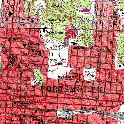 Topographic Map of Greenlawn Cemetery, OH