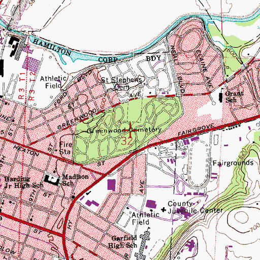 Topographic Map of Greenwood Cemetery, OH