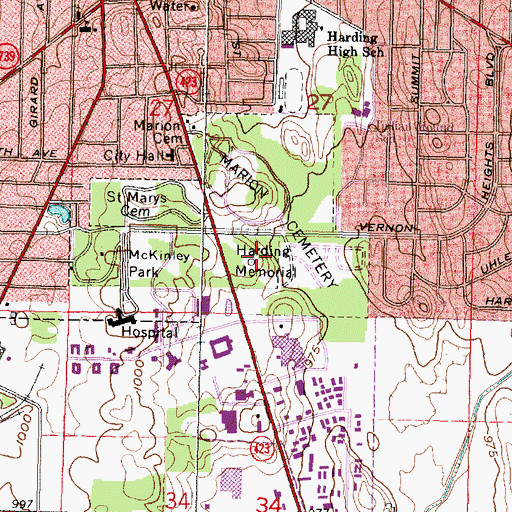 Topographic Map of Harding Memorial Park, OH
