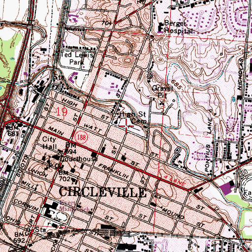 Topographic Map of High Street Cemetery, OH