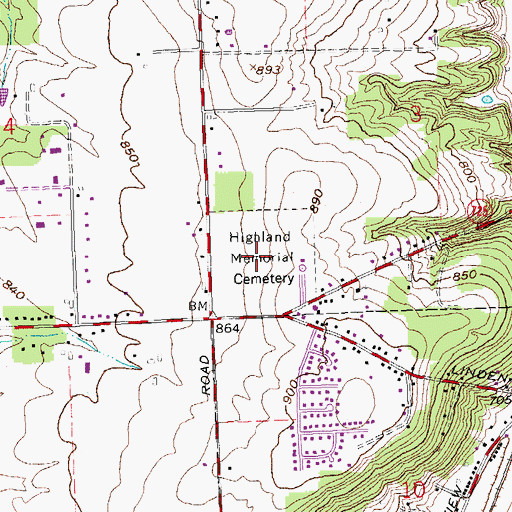 Topographic Map of Highland Memorial Cemetery, OH