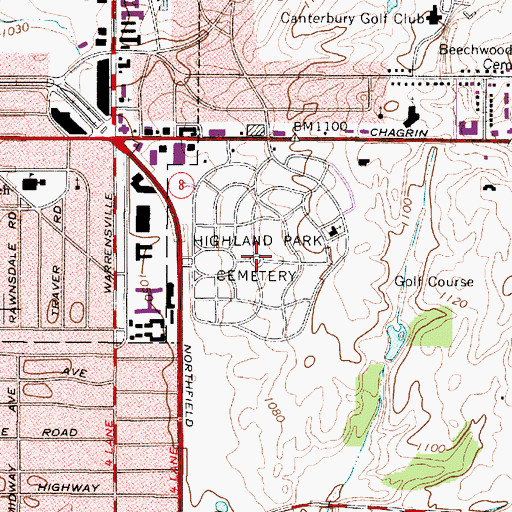 Topographic Map of Highland Park Cemetery, OH