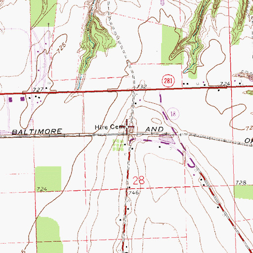 Topographic Map of Hire Cemetery, OH