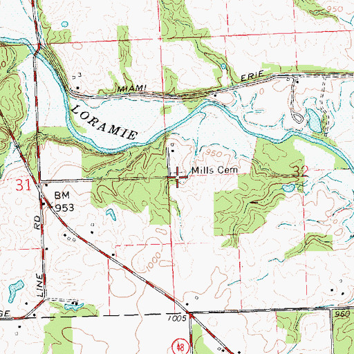 Topographic Map of Mills Cemetery, OH