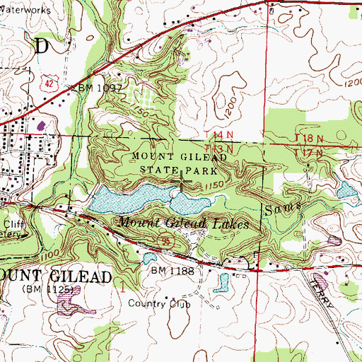 Topographic Map of Mount Gilead State Park, OH