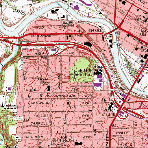 Topographic Map of Oak Hill Cemetery, OH