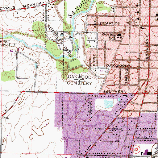 Topographic Map of Oakwood Cemetery, OH